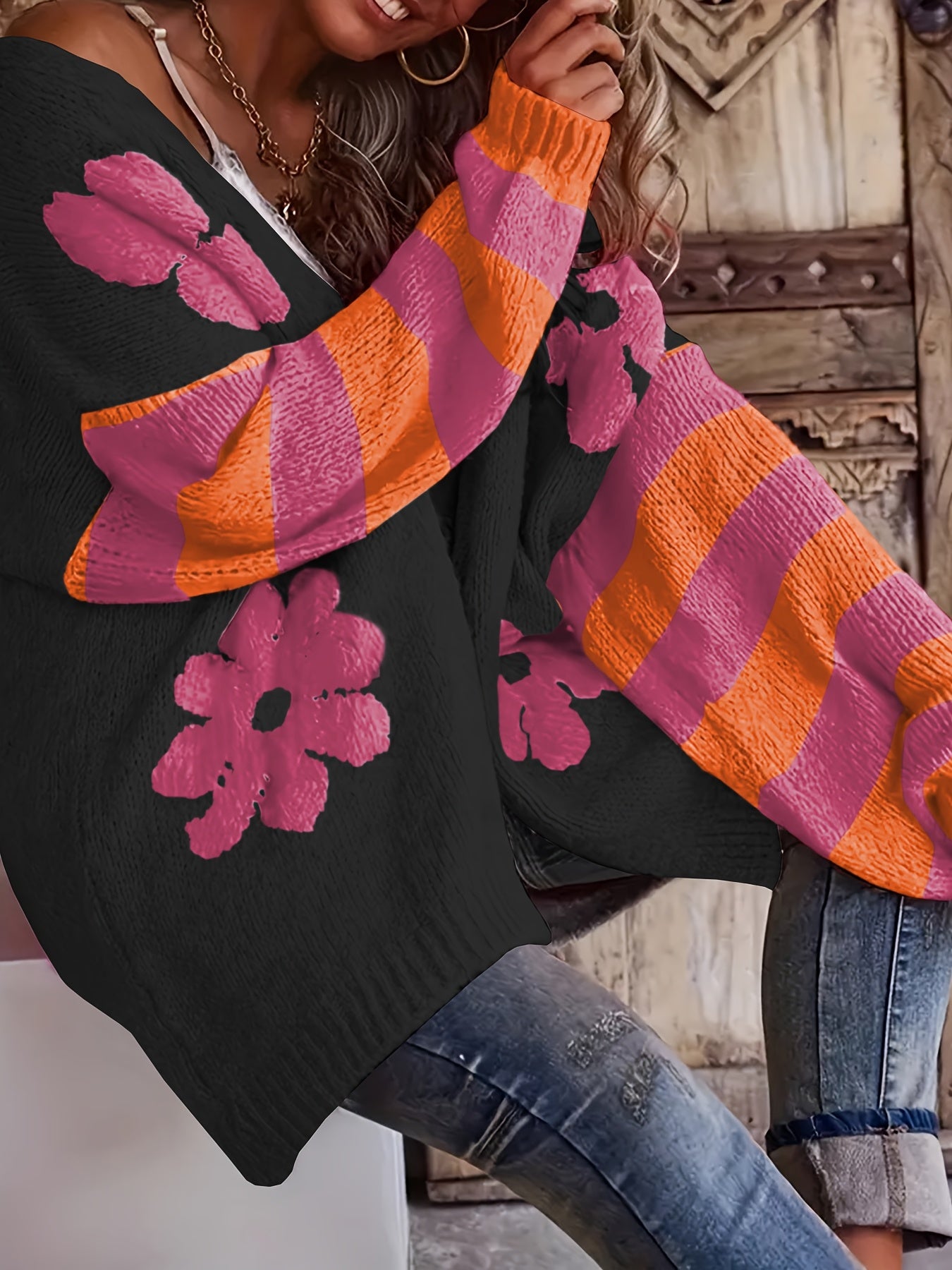 Plus Size Loose Fit Long Pullover Floral Print Striped Sleeves Sweater