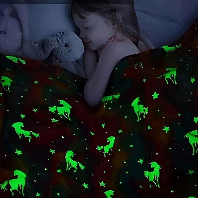 Kids Glow-in-the-Dark Fuzzy Throw Blanket with Stars and Unicorns