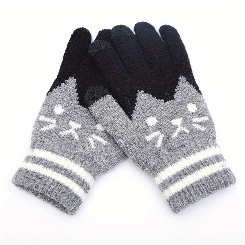 Women's Winter Touch Screen Gloves with Jacquard Cat Design and Warm Polyester