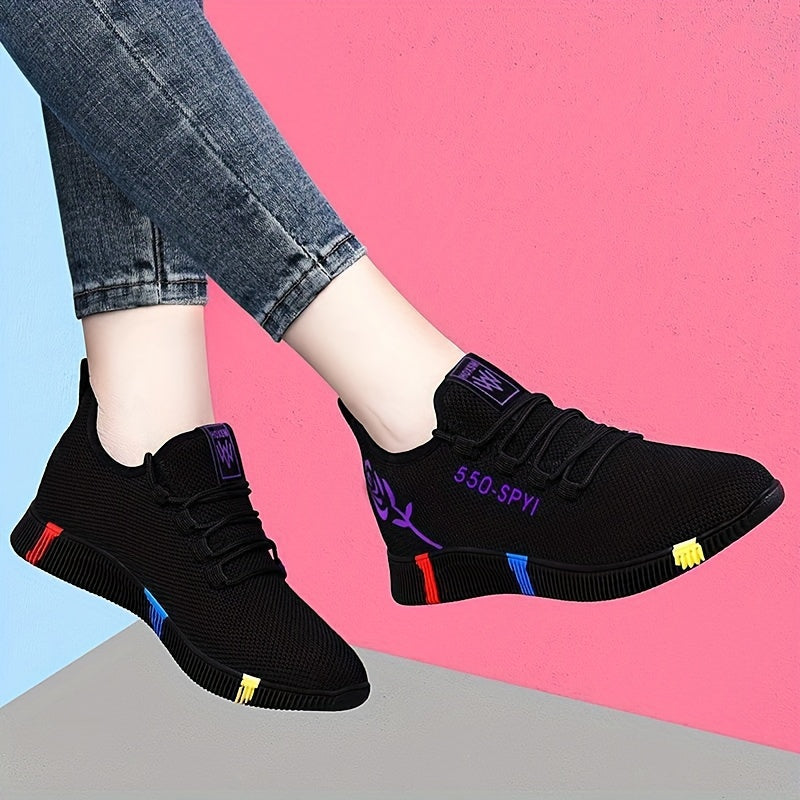 Women's Breathable Black Sneakers with Colorful Accents Low-Top Casual Athletic Shoes