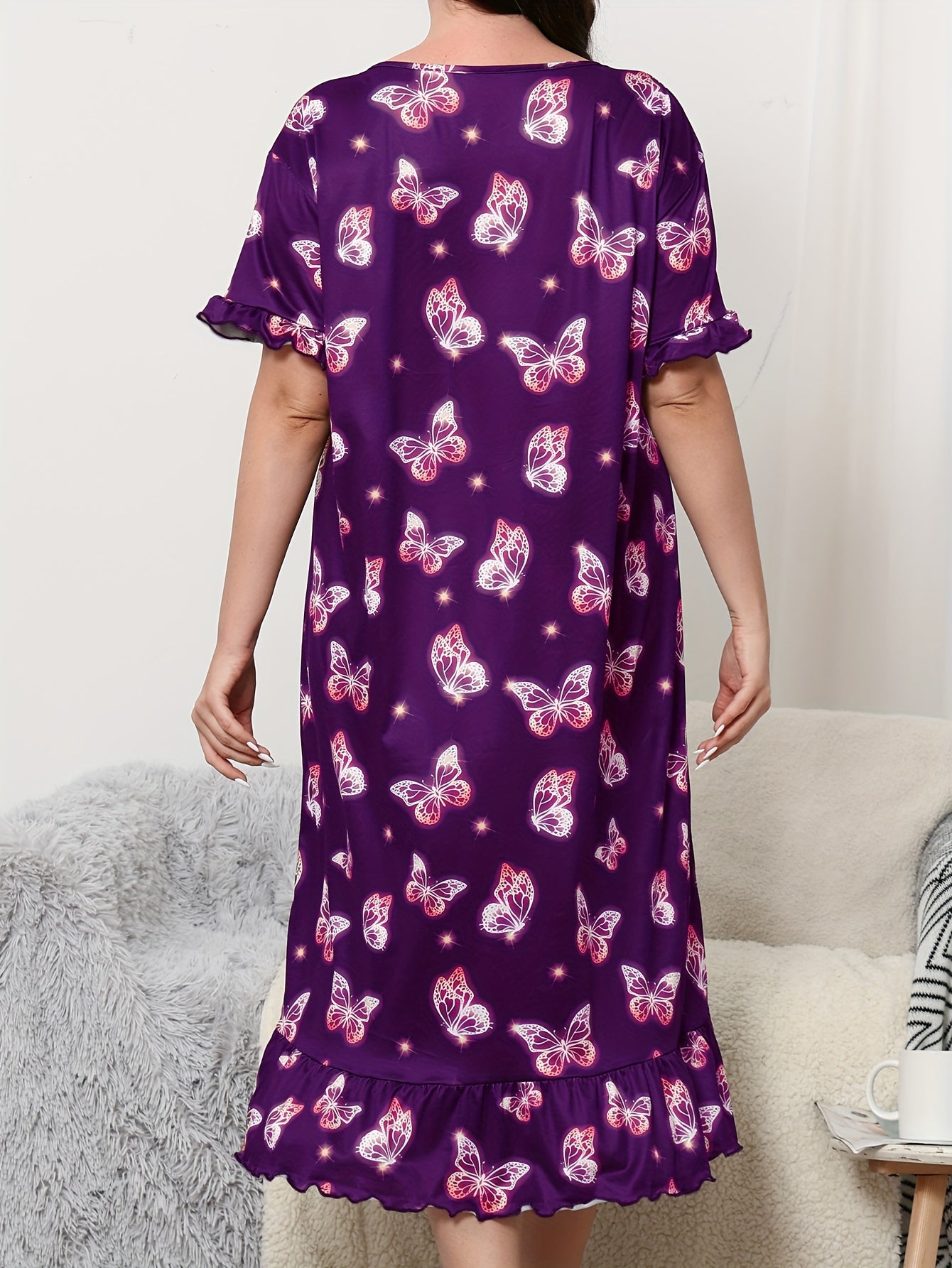 Plus Size Women's Butterfly Print Sleep Dress Short Sleeve Nightgown Loungewear