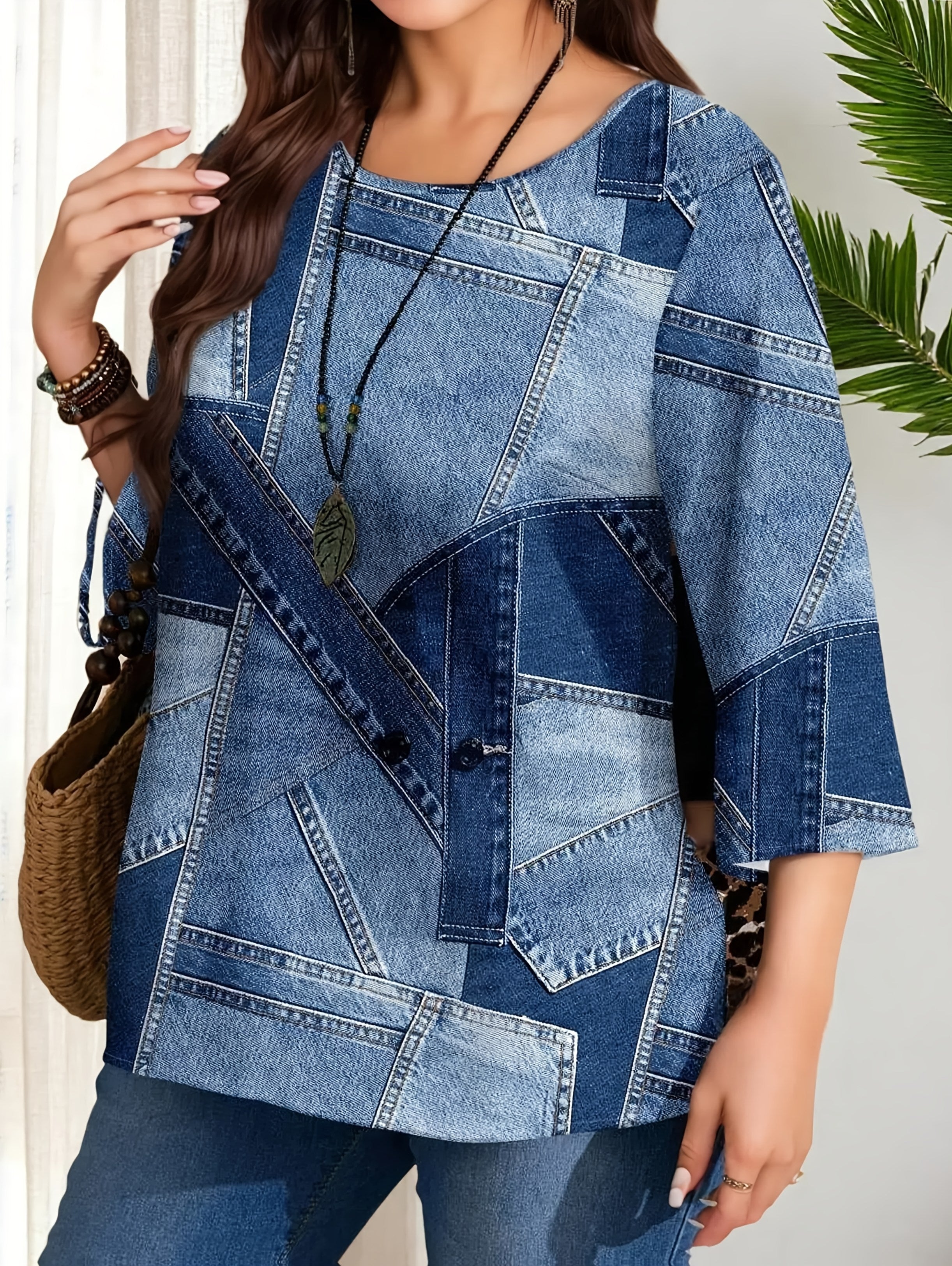 Plus Size Women's Denim Blouse Geometric Print 3/4 Sleeve Casual Top