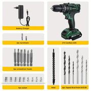 21V Cordless Drill with Rechargeable Lithium-Ion Battery 2-Speed 25+1 Torque LED Light for DIY Home Garden