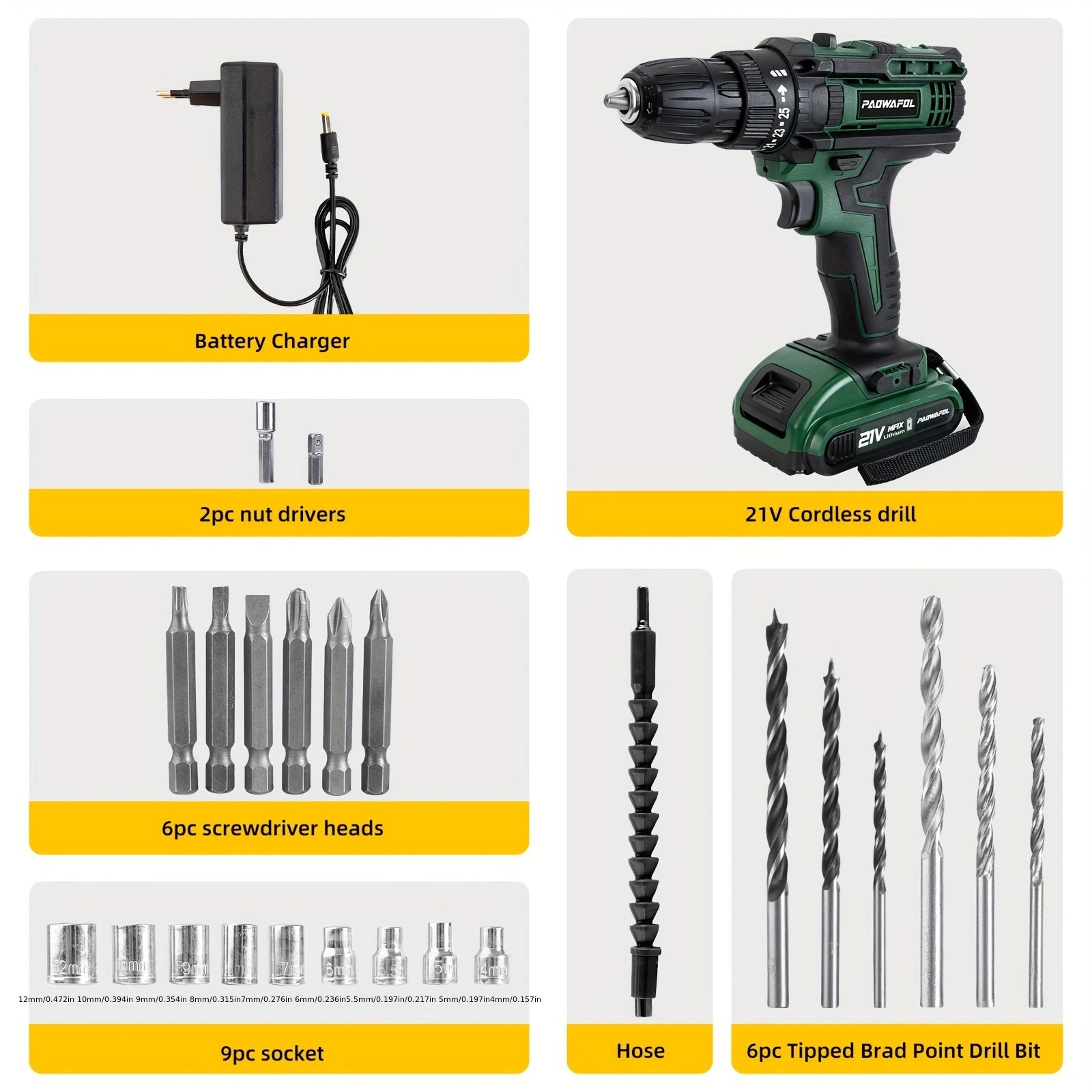 21V Cordless Drill with Rechargeable Lithium-Ion Battery 2-Speed 25+1 Torque LED Light for DIY Home Garden