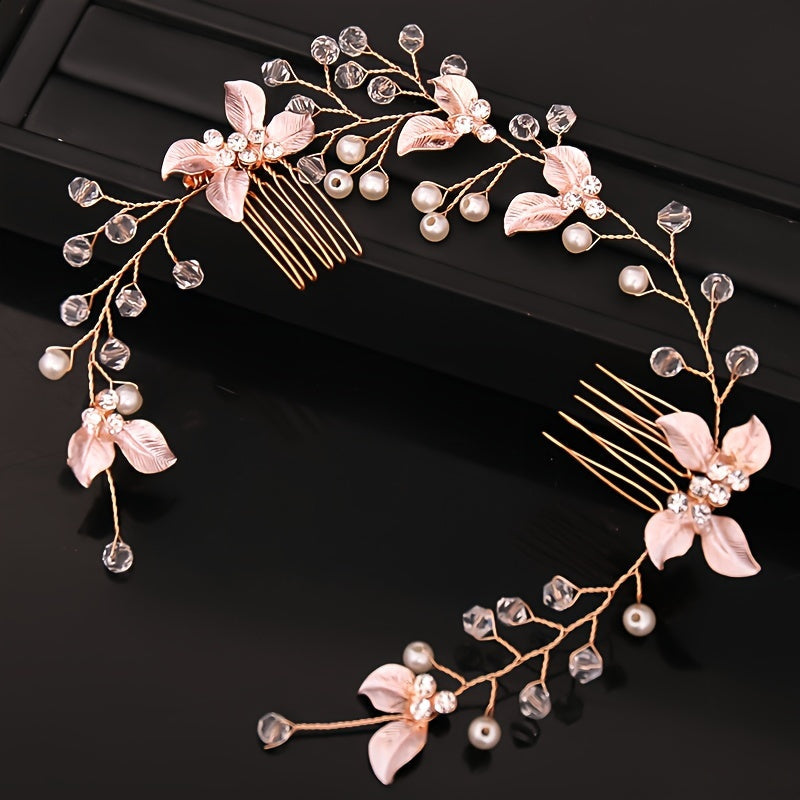 Banda para el cabello de mujer con peine, decoración de flor de perlas falsas, rhinestones, hojas, para bodas y uso diario