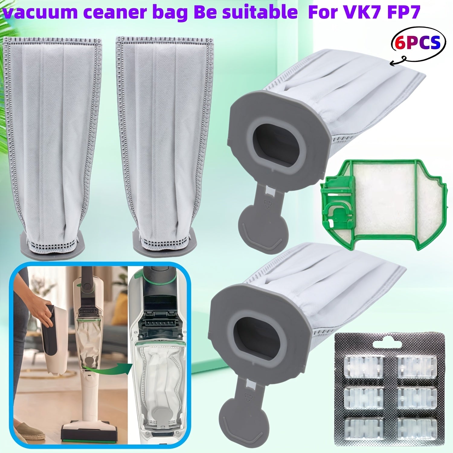 6-Piece Vacuum Cleaner Bag Set for VK7 FP7 Wireless Vacuum Cleaner Replacement Dust Bags and Filter