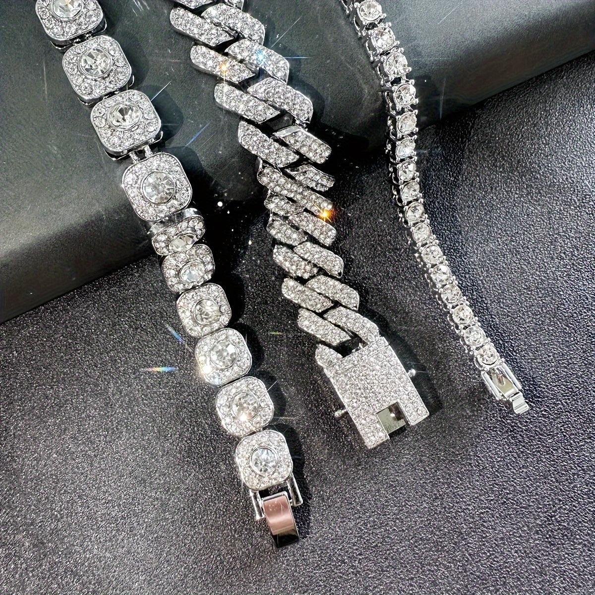 3 ta modali Bling Rhinestone Kuba zanjir bilaguzuklari to'plami, erkaklar va ayollar uchun, Hip Hop uslubidagi muzlatilgan bilaguzuk, qalin zanjir dizayni zargarlik.