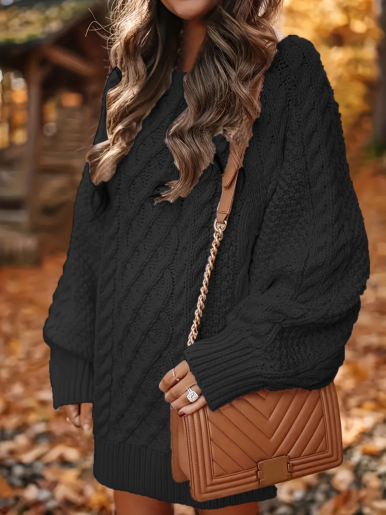 Women's Plus Size Cable Lantern Sleeve Sweater Dress Mini Fit