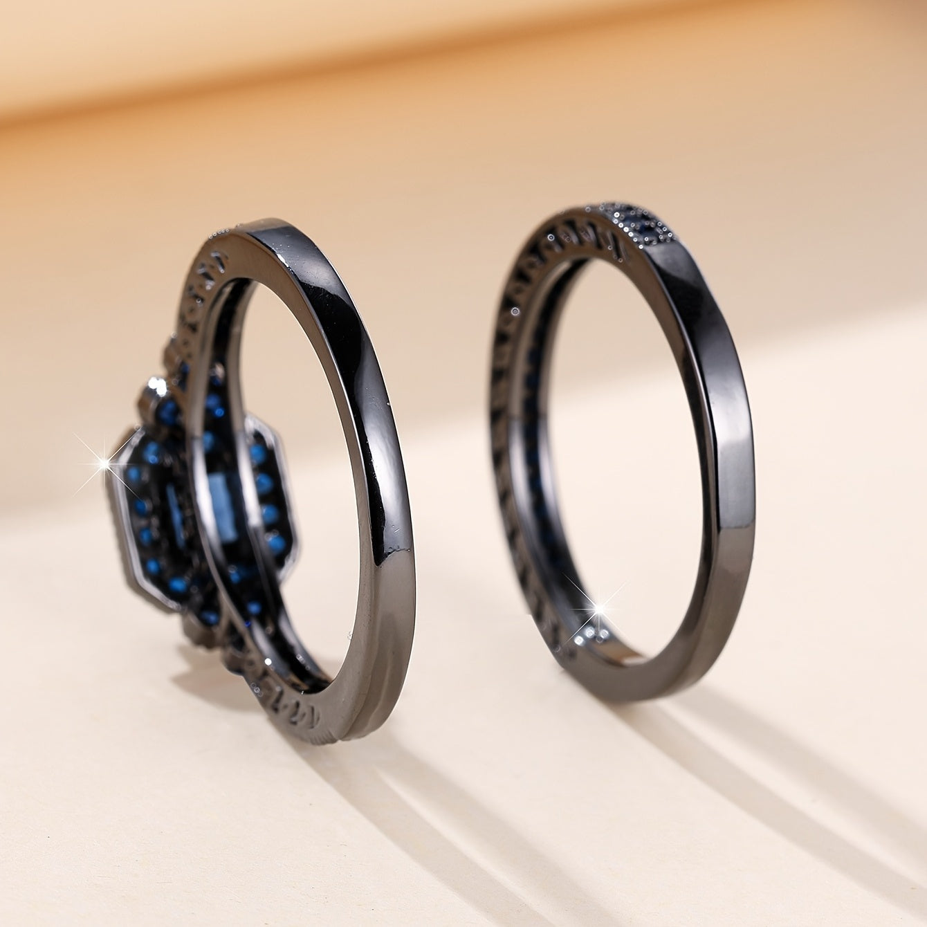 Set of 2 Elegant Promise Rings with Dark Blue Zirconia Halo and Eternity Band for Engagement or Wedding