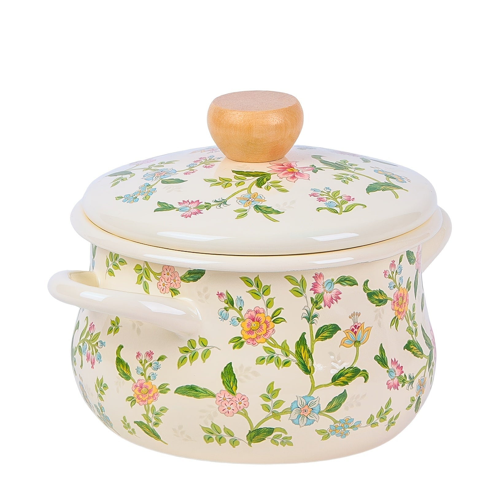 Floral Enamel Soup Pot with Rolled Edges for Open Fire and Induction Cooking