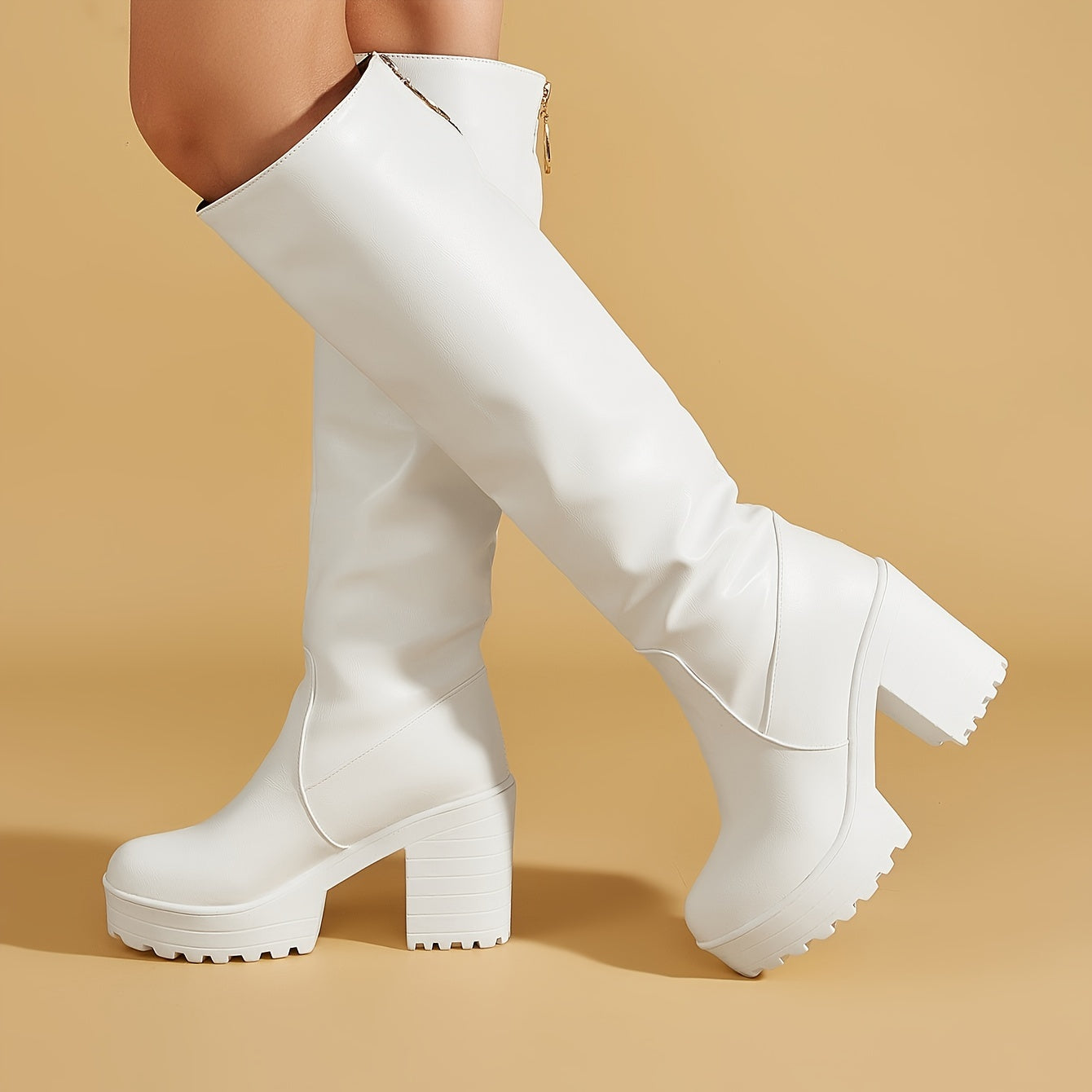 Women's White Leather High-Heeled Mid-Calf Boots for Autumn and Winter