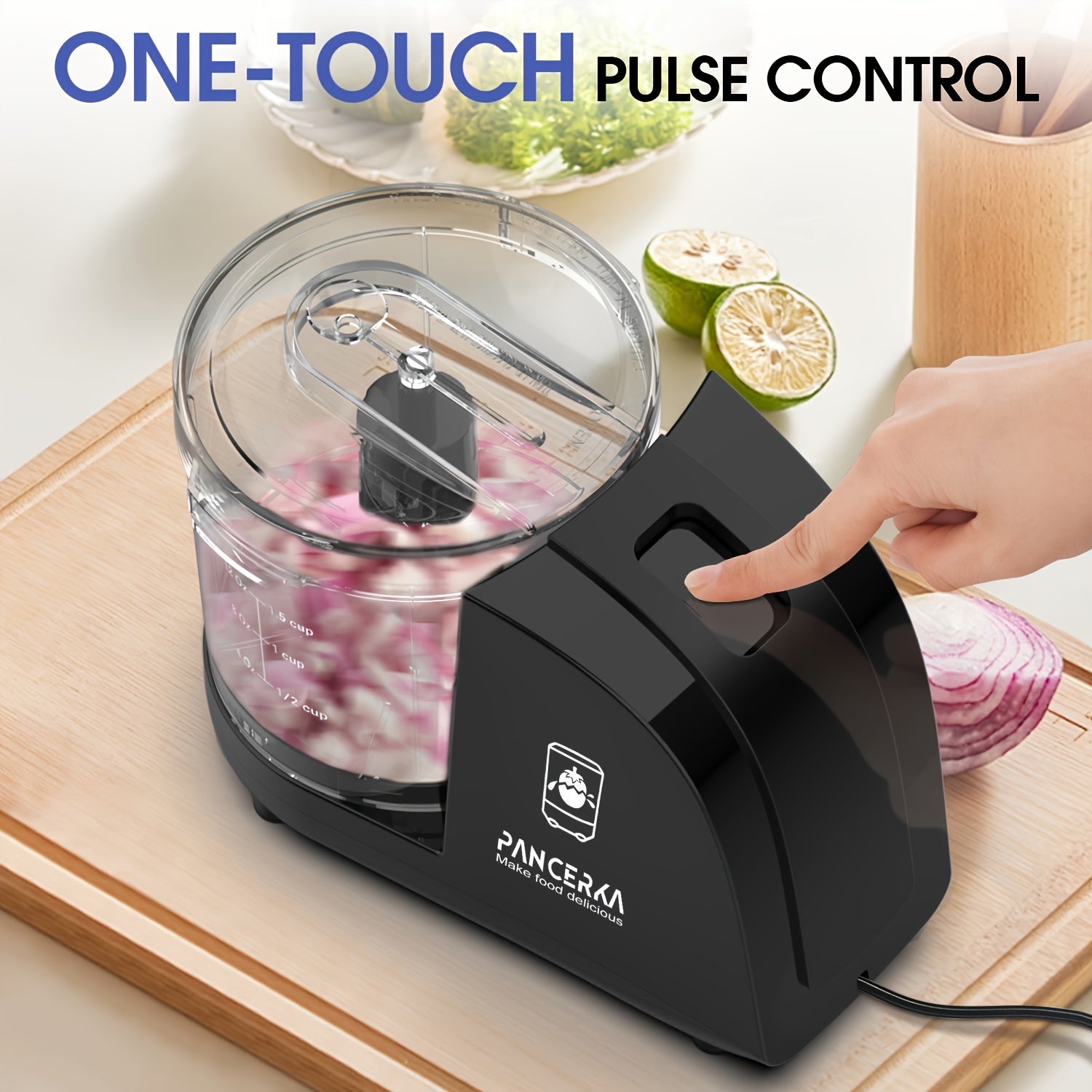 PANCERKA 1.5 stakanli aralashtirgich maydalagich, 200W quvvat, 15000RPM va 350ml sig'imga ega. Oshxonada to‘g‘ralish, maydalash va pyure qilish uchun Yevropa standartidagi ulagich bilan birga keladi.