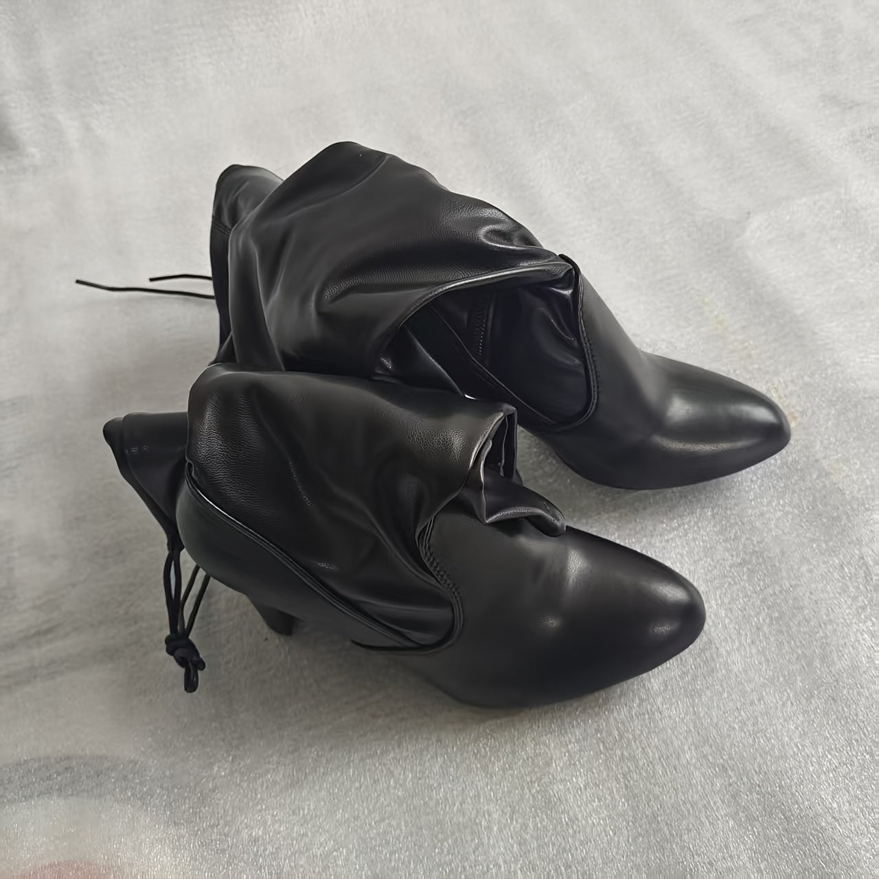 Women's Chunky Heel Knee-High Boots Black Leather Slip-On Winter Footwear