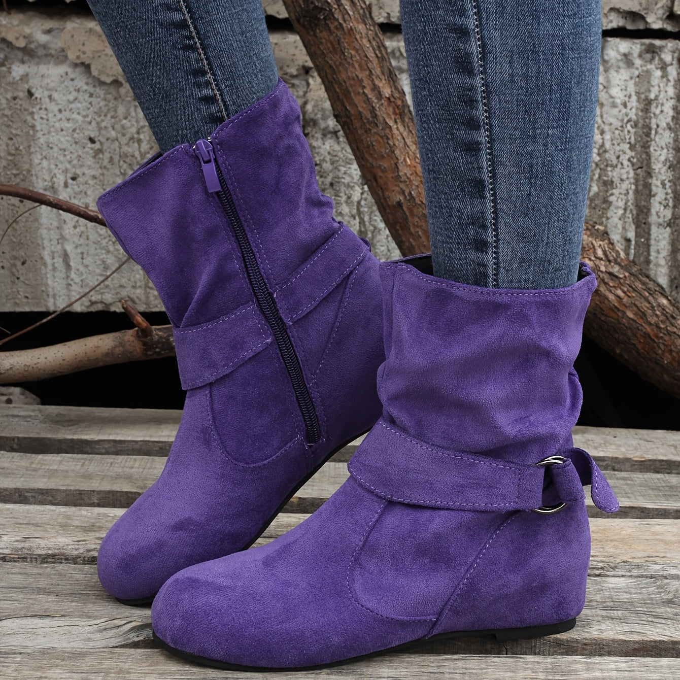 Women's Ankle Boots Solid Color Round Toe Buckle Side Zipper Outdoor Shoes