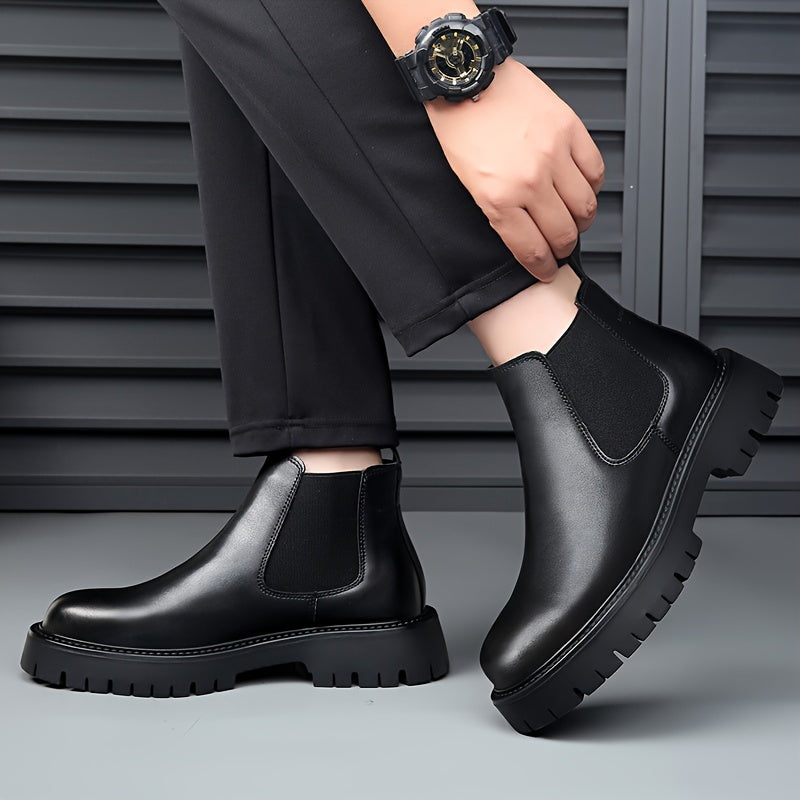 Botines de invierno para hombre con forro de felpa y slip-on, con punta redonda y suela de goma, negro sintético