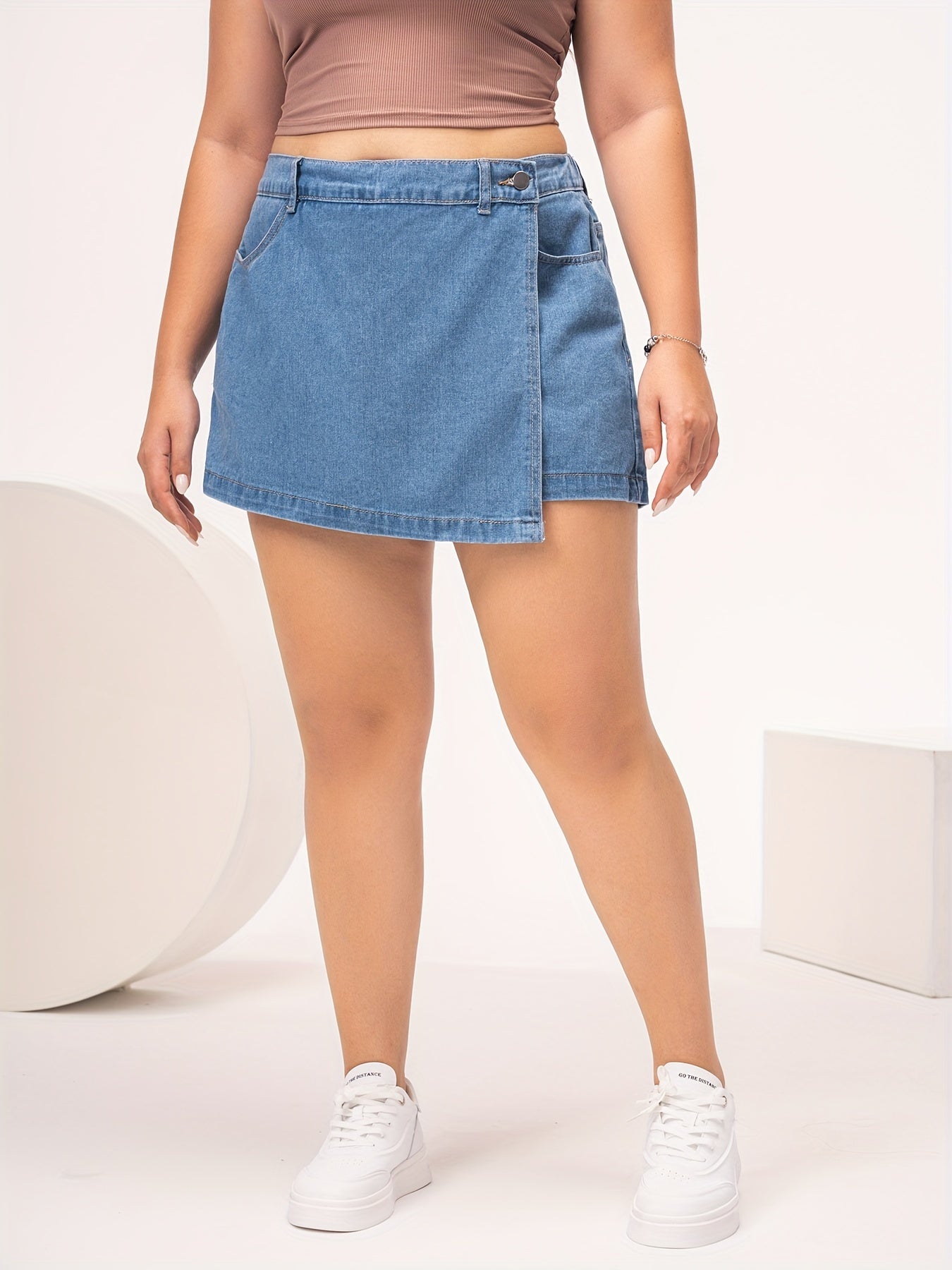 Women's Light Blue Denim Skort Casual Style Flap Pockets Spring Summer
