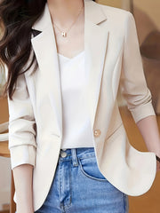 Women's Beige Slim Fit Blazer with Single Button Closure Long Sleeves Notch Collar for Spring Fall Casual