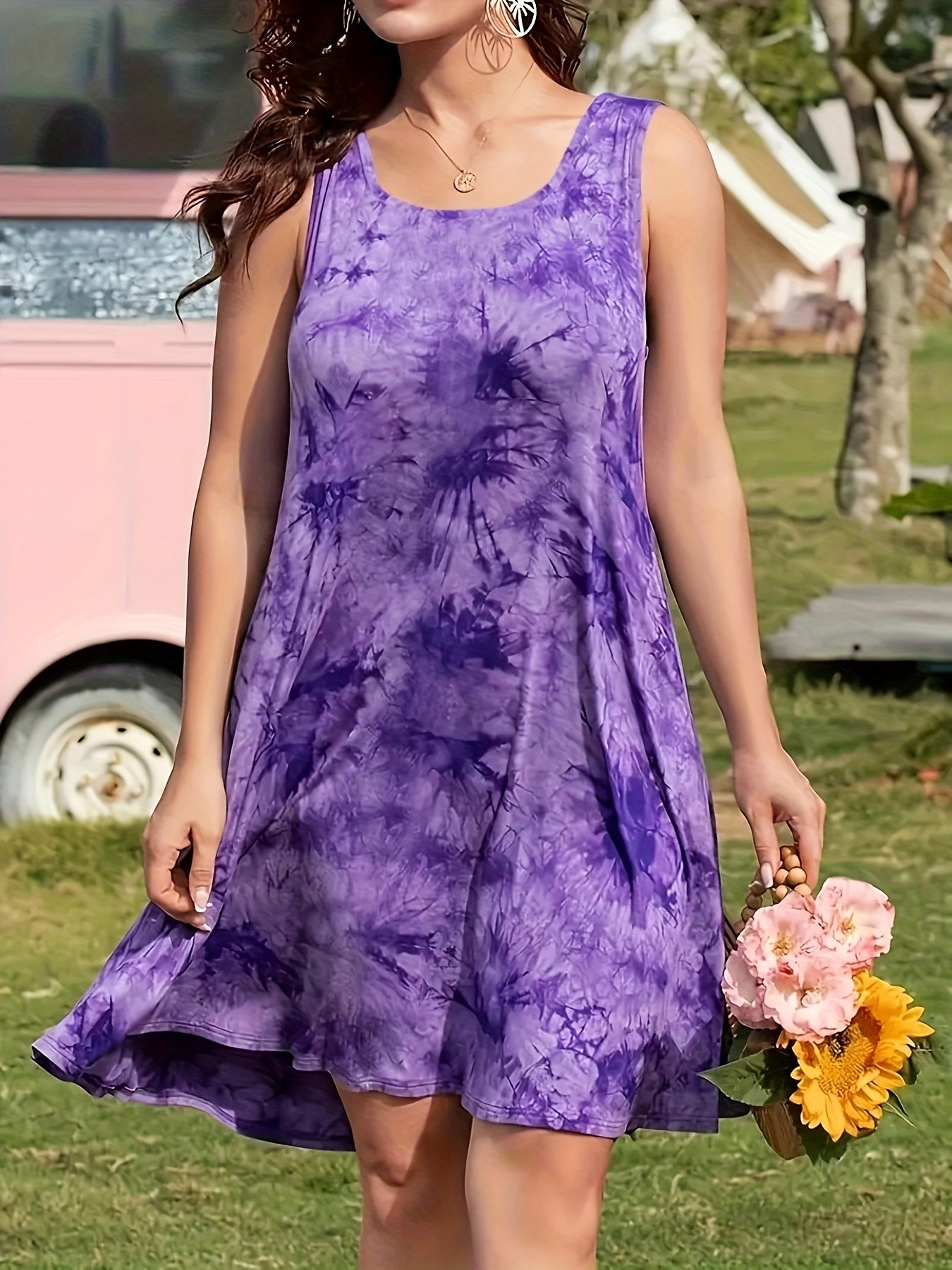 Plus Size Women's Sleeveless Tie-Dye Dress Blue Purple Swirl Summer Beach Casual