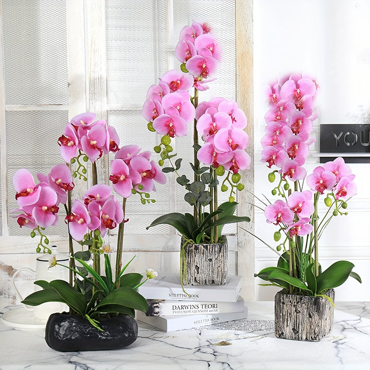 Artificial Orchid Plant with Ribbon Accent in White Pot Lifelike Greenery for Home Office Decor