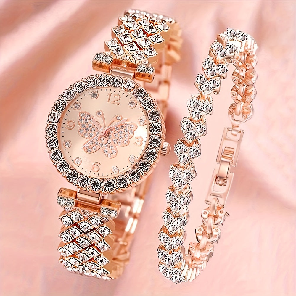 Set of 2 Women's Elegant Butterfly Quartz Watches with Rhinestone Bracelets