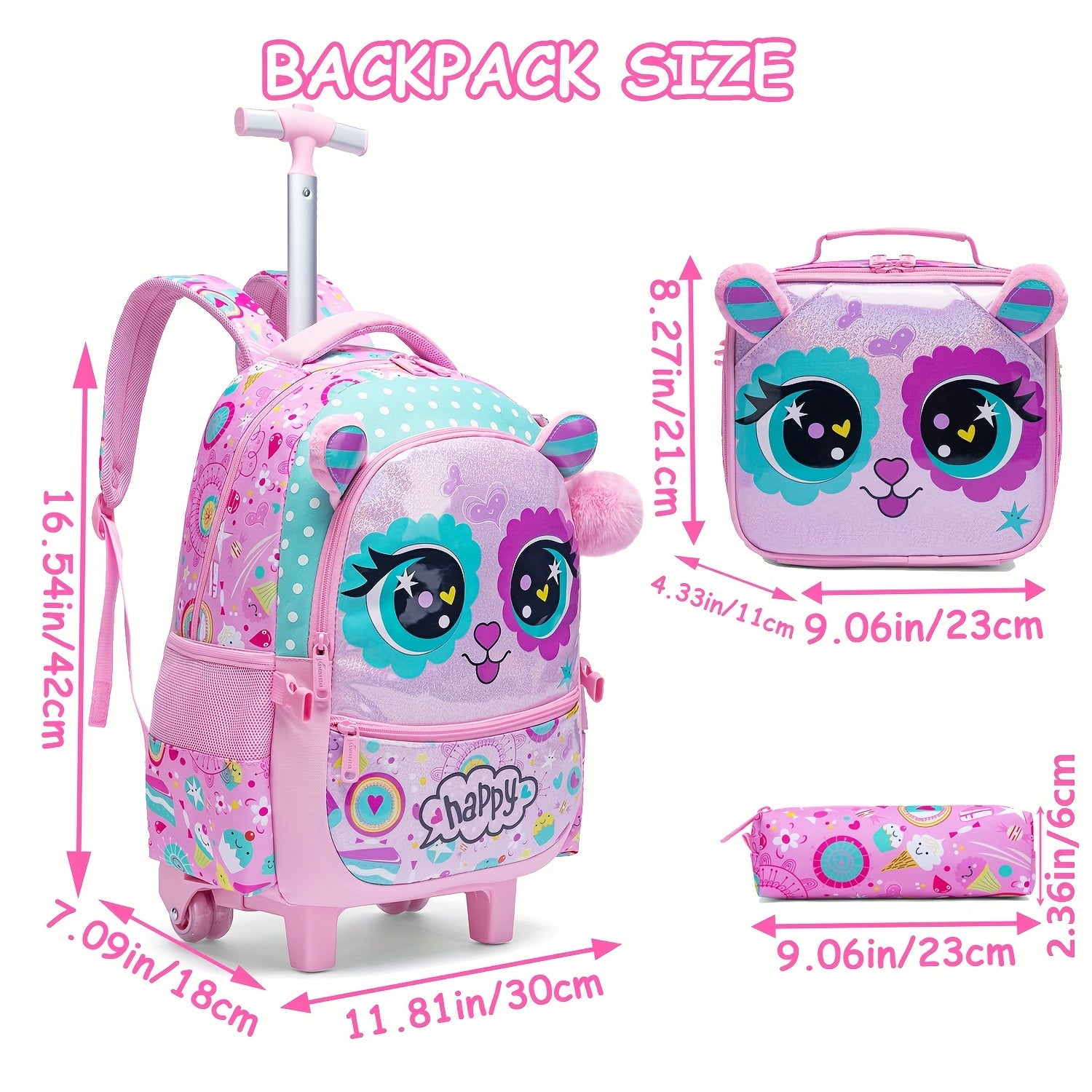 Kids Girl Backpack Set 3-Piece Trolley Lunch Bag Pencil Case for School Travel