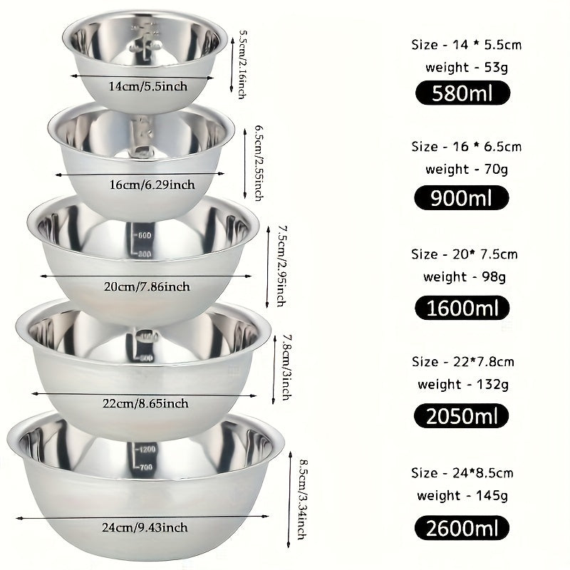 Set of 5 Stainless Steel Mixing Bowls with Scales for Cooking Baking and Meal Prep