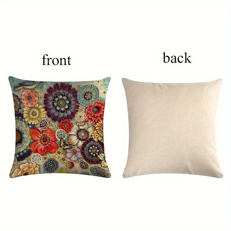 Linen Blend Throw Pillow Cover with Butterflies and Flowers 45.72cm Square