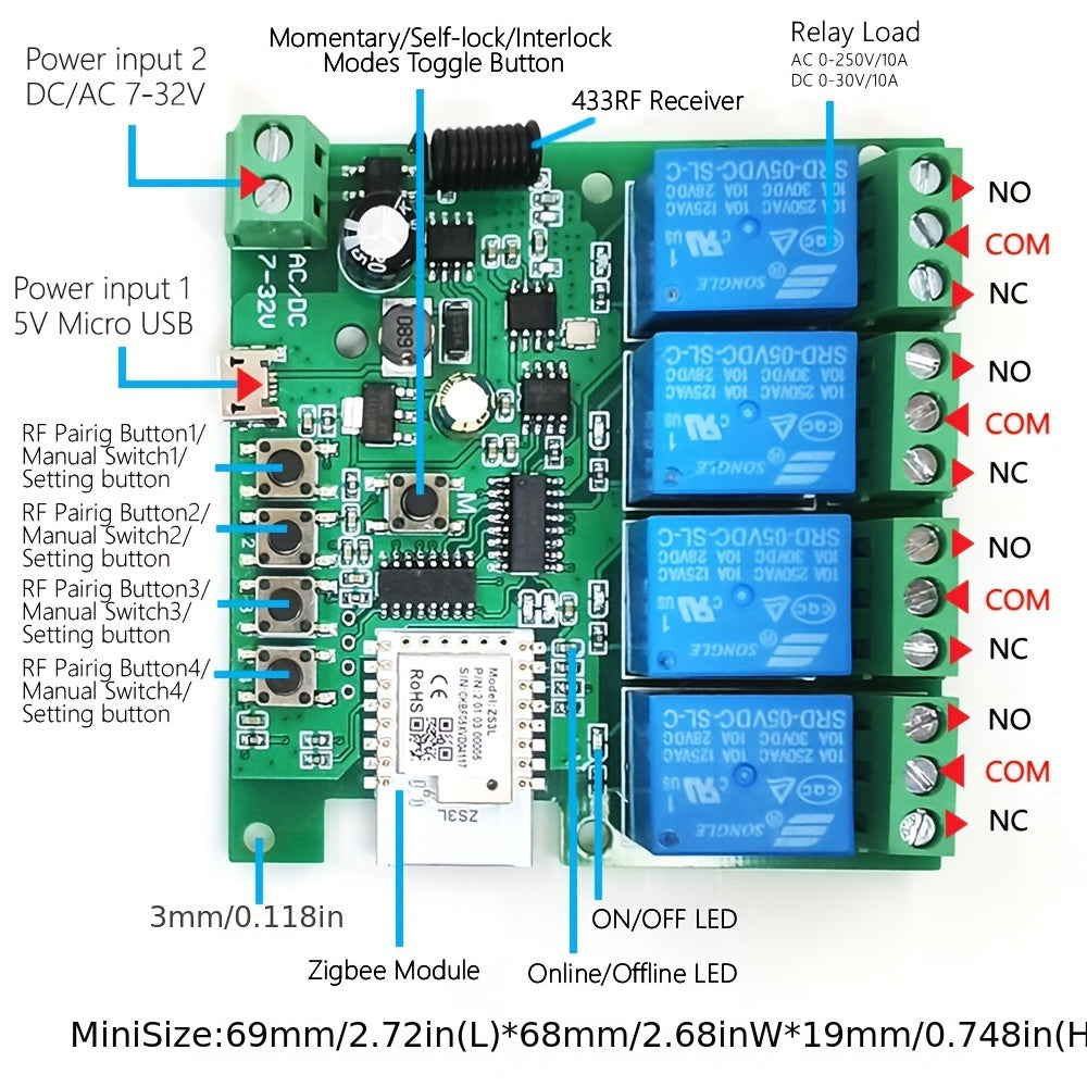 Módulo de interruptor inteligente Zigbee, relé de 4 canales, WiFi RF 433MHz, montaje en pared