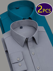 Men's Work Style Polyester Dress Shirts Set of Two Solid Color Regular Fit Long Sleeve Lapel Collar