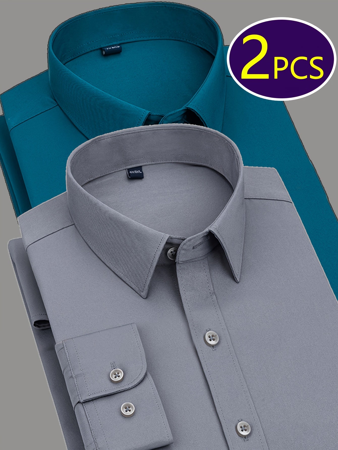 Men's Work Style Polyester Dress Shirts Set of Two Solid Color Regular Fit Long Sleeve Lapel Collar