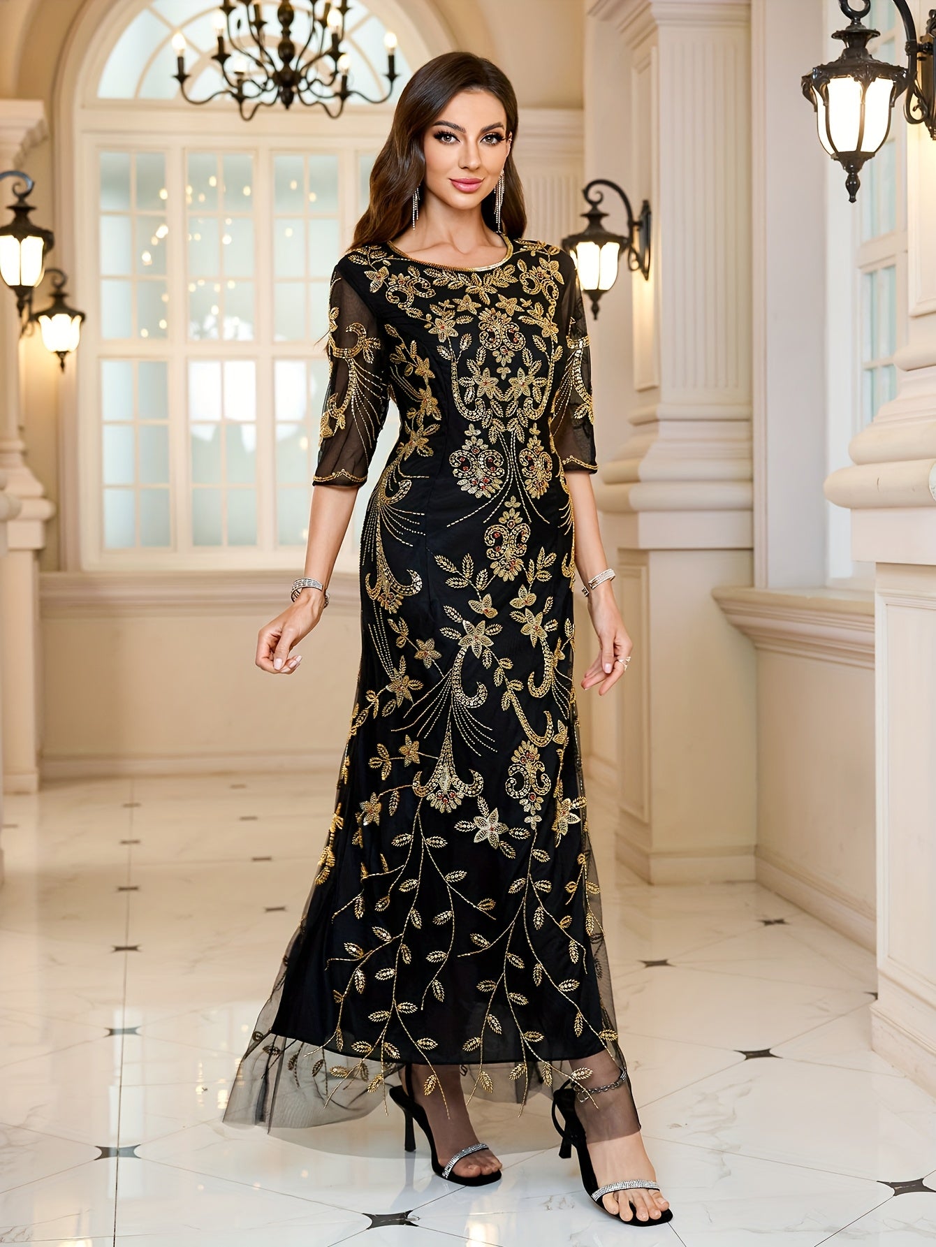 Women's Sequin Beaded Floral Formal Dress Black and Gold for Wedding and Party