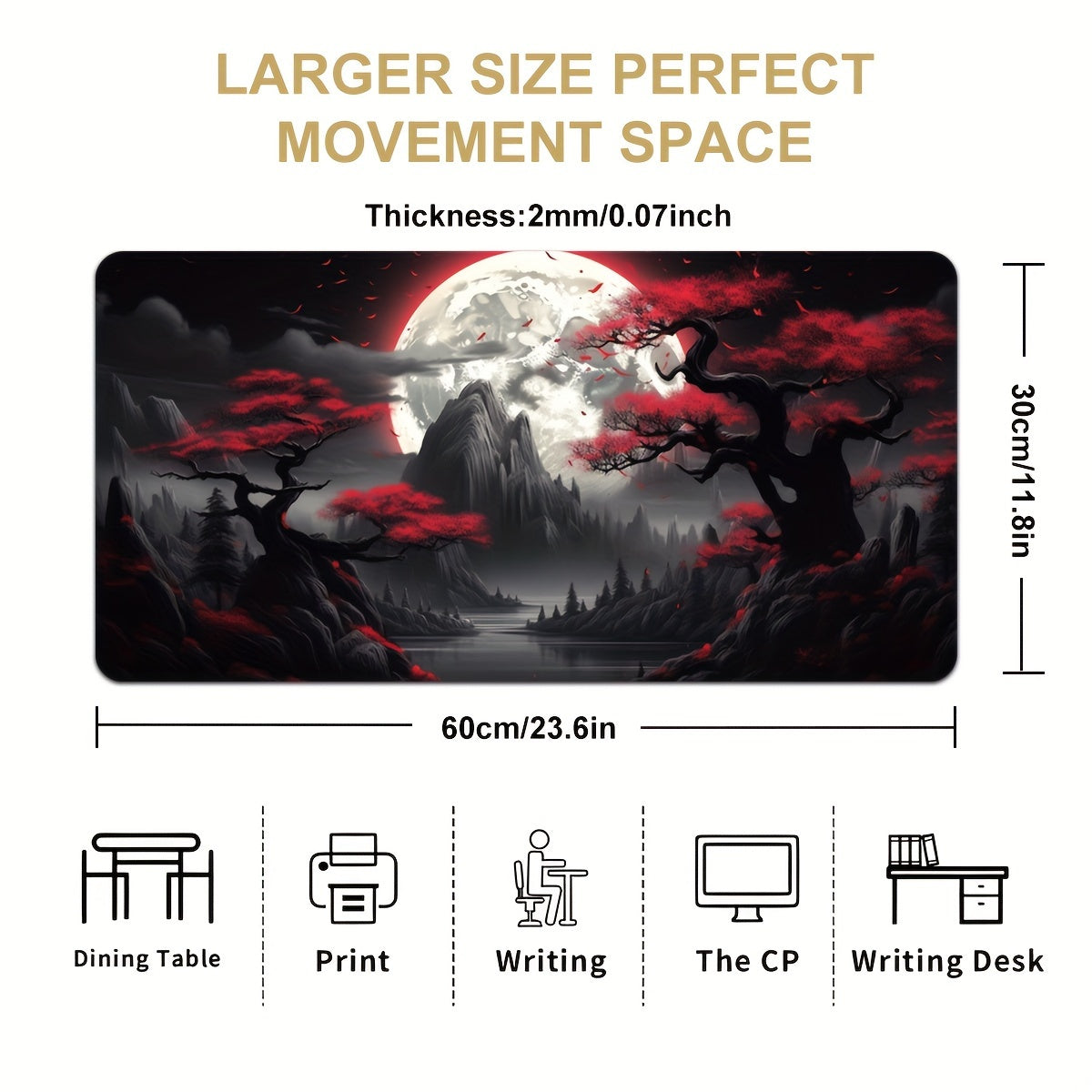 Large Gaming Mouse Pad Obong Dark Red Moon Non-Slip Water-Resistant Desk Mat for E-Sports and Office