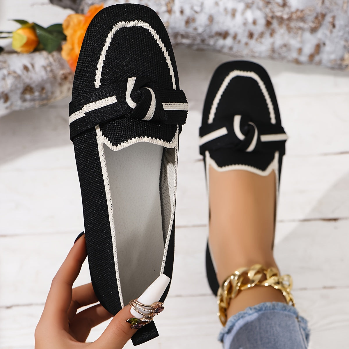 Women's Flat Shoes with Bow, Square Toe, Knitted Fabric, Slip-On, Lightweight