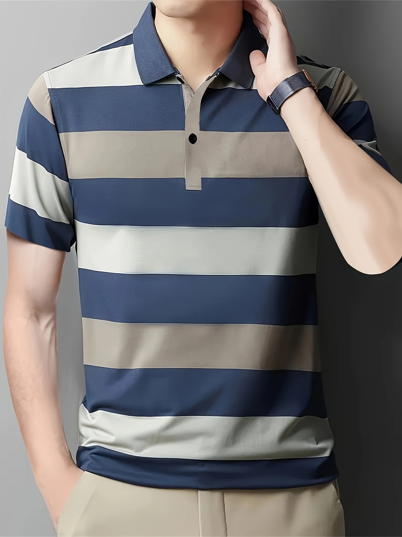 Camisa casual de hombre a rayas coloridas de poliéster para primavera y verano, corte regular
