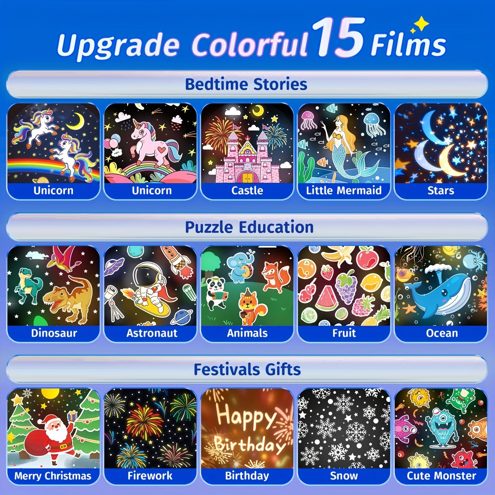 Proyector de estrellas luz nocturna 15 películas 7 colores control remoto temporizador rotación de 360 silenciosa