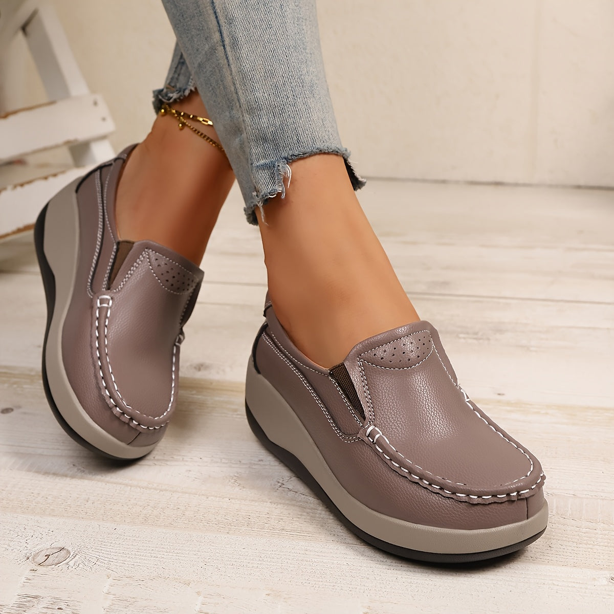 Women's Wedge Loafers Leather Comfortable Elegant Footwear