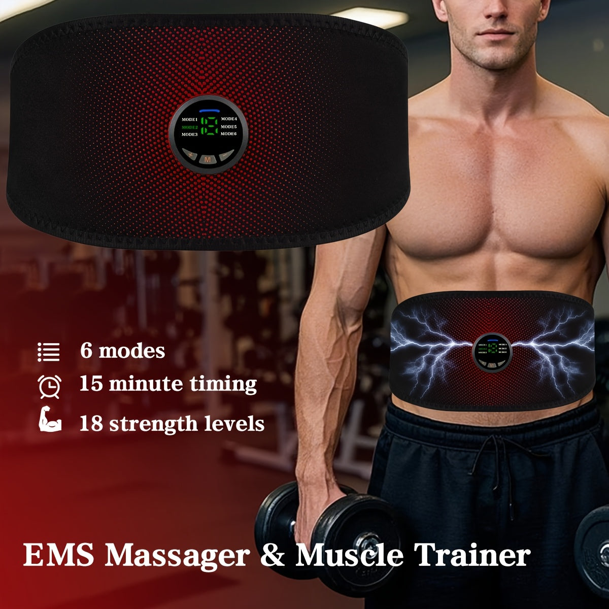 EMS TENS Massager with Rechargeable USB Belt, 6 Modes, 18 Intensities for Whole Body Muscle Training