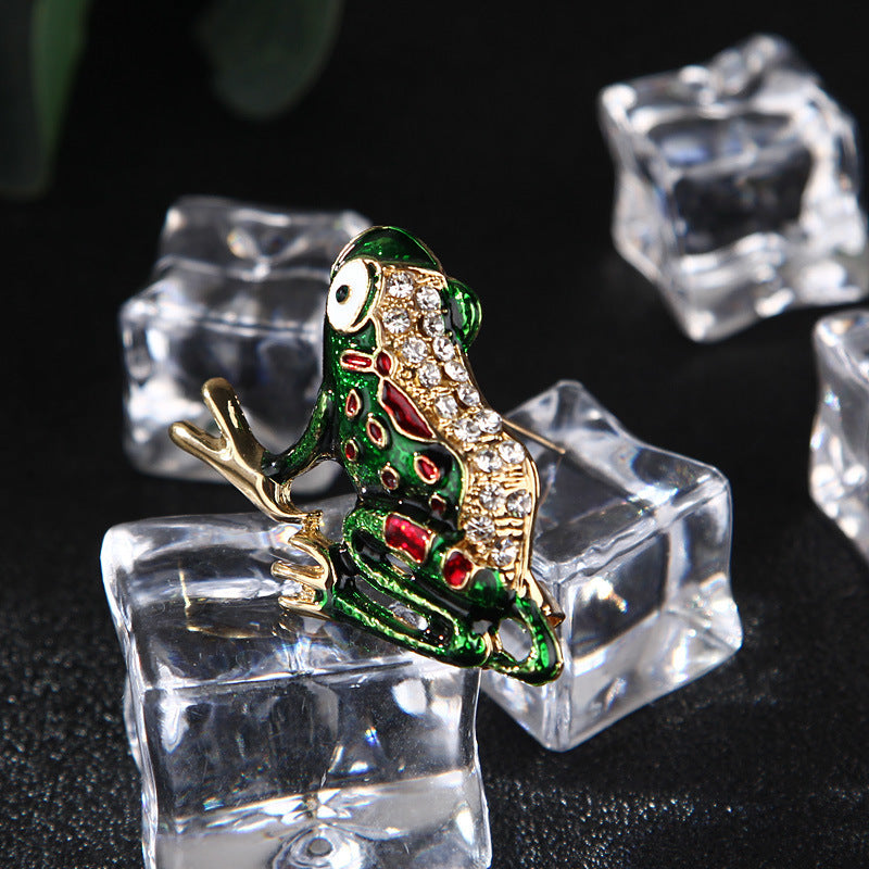 Enamel Frog Brooch Pin Animal-Shaped Crystal Details Unisex Accessory