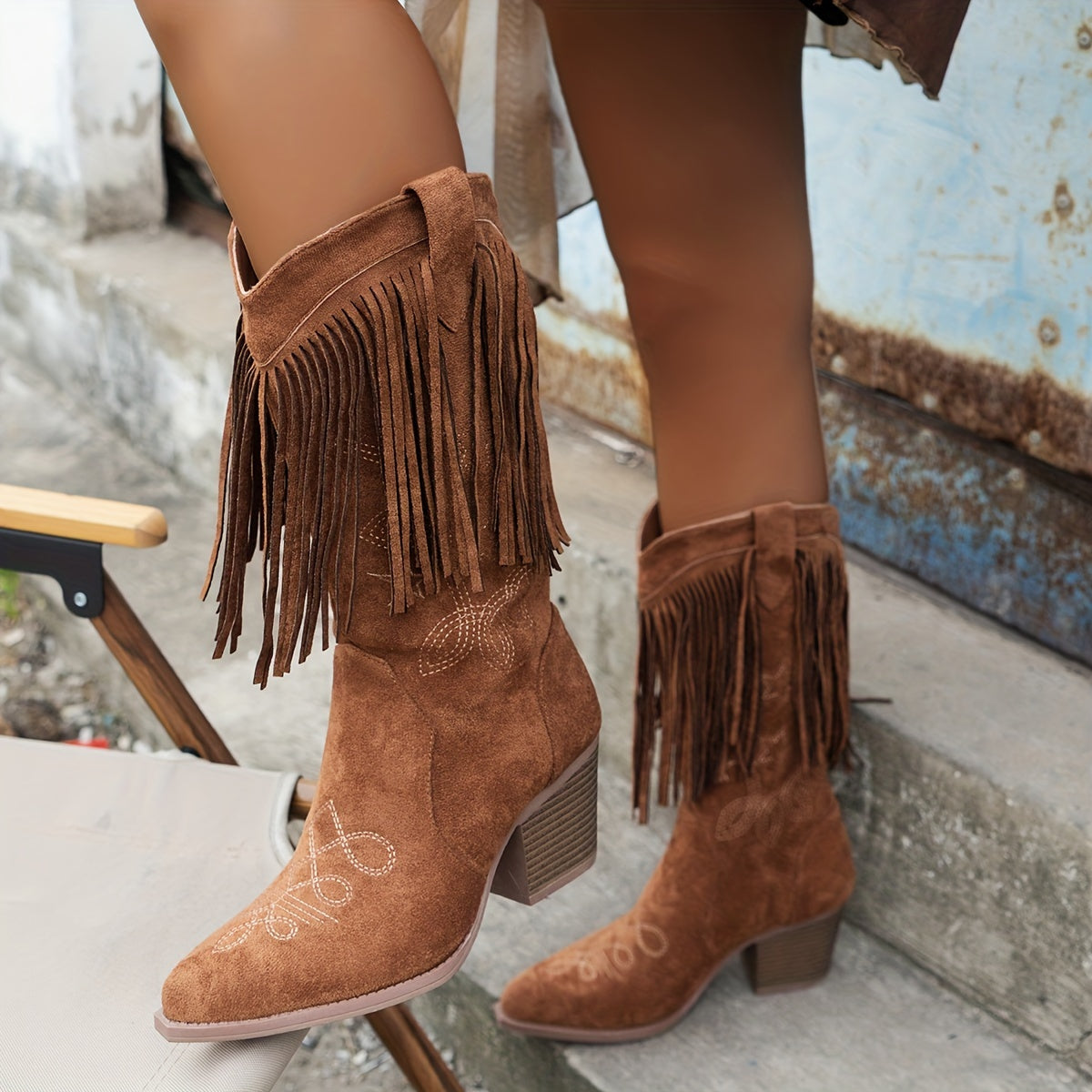 Women's Western Cowboy Boots with Fringe Butterfly Embroidery Pointed Toe