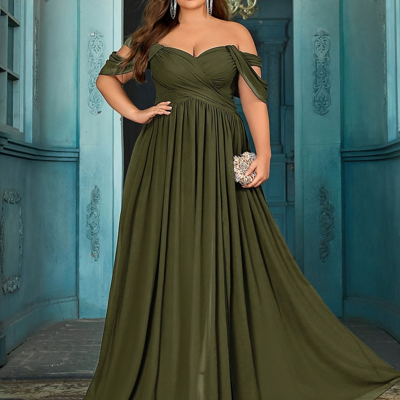 Plus Size Teal Maxi Dress Women Off-Shoulder Ruched A-Line Evening