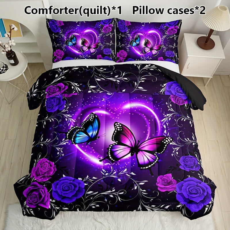 Set of 3 Purple Butterfly Floral Quilt Bedding Set with Pillowcases All Season Soft Breathable