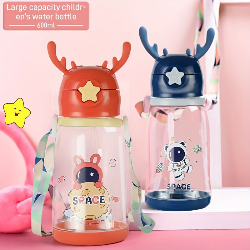 Kids Water Bottle 600ml Antler-Shaped with Straw Sturdy Eco-Friendly for Boys Girls