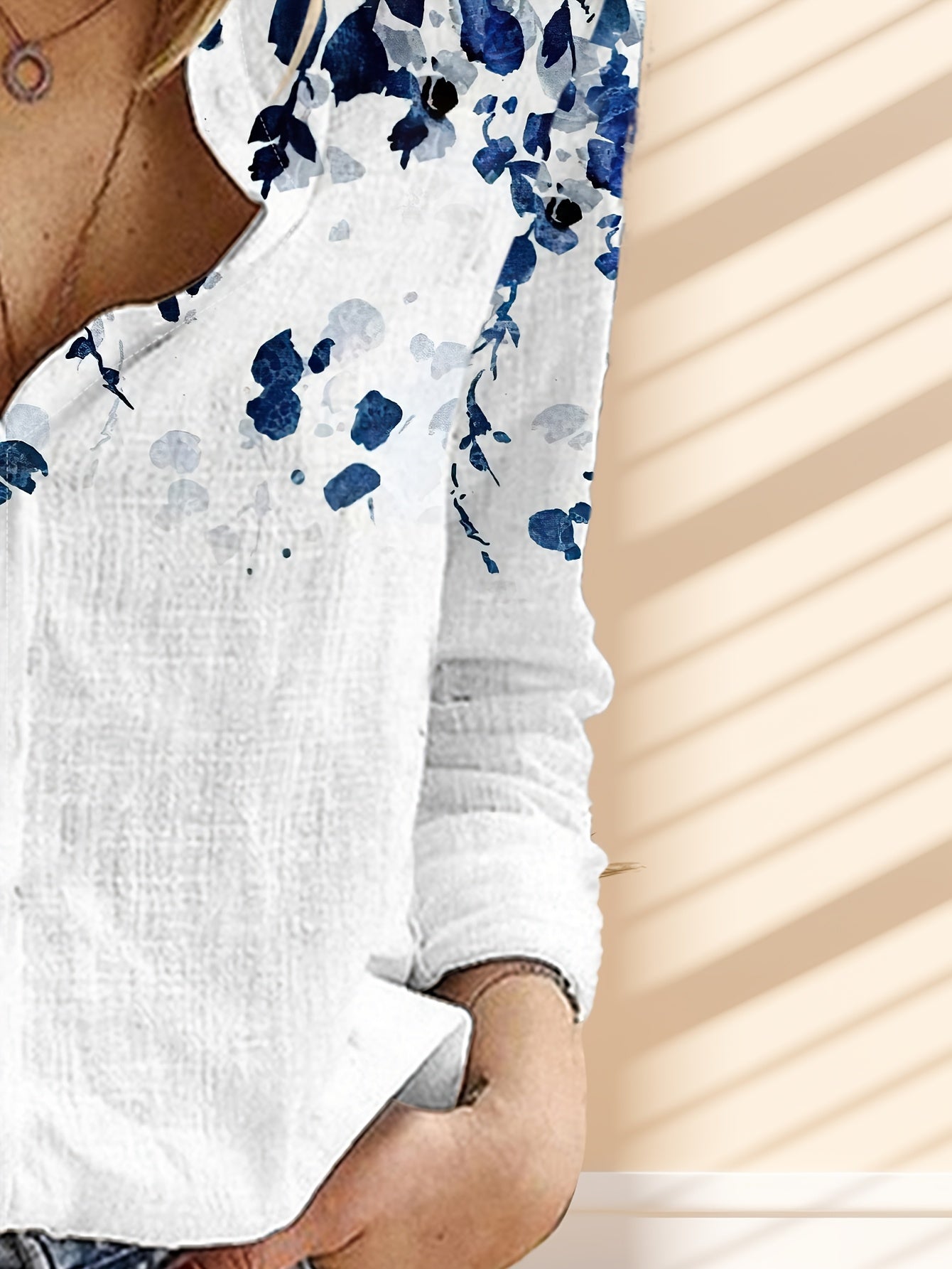 Women's Long Sleeve Shirt with 3D Digital Print Patchwork Lapel Collar Woven Fabric