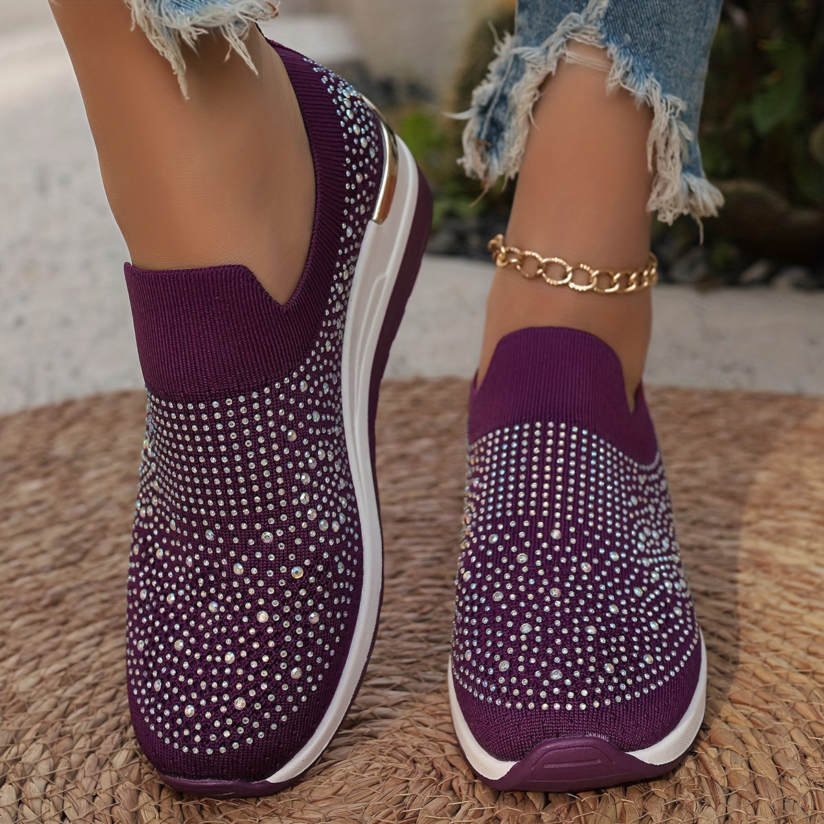 Women's Rhinestone Decor Platform Sneakers Casual Slip-On Outdoor Shoes