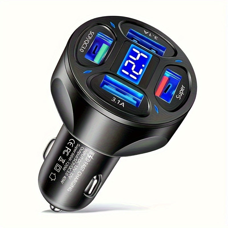 Car Charger Fast Charging 4 USB Digital Display 120W Phone Adapter