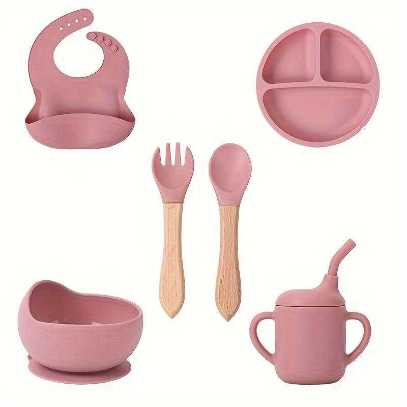 Baby Feeding Set 6 Pieces Silicone Includes Suction Bowl Divided Plate Spoon Fork Sippy Cup Bib