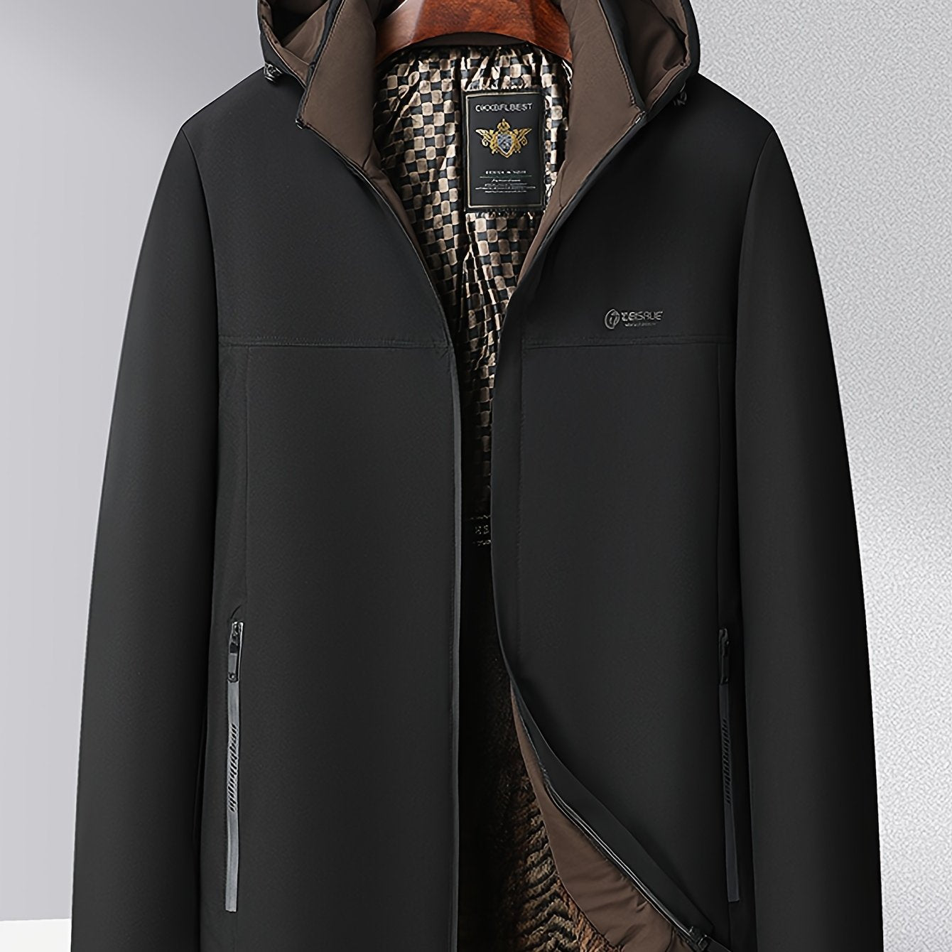 Men's Fleece-Lined Hooded Jacket with Detachable Hat Casual Outdoor Zip Closure