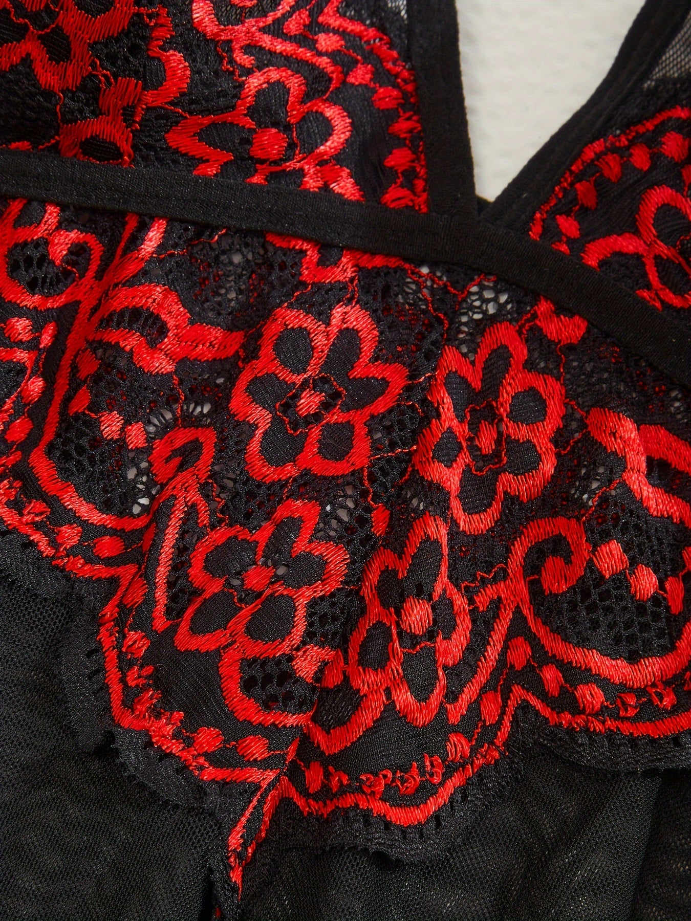 Conjunto de lencería de malla bordada con flores y talla grande para mujer, con lazo y tanga