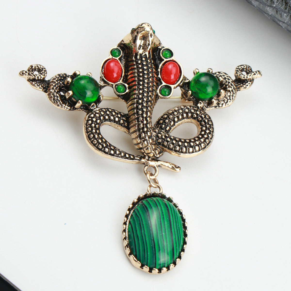 Snake Brooch with Green Enamel and Rhinestones Animal Python Jewelry Accessory