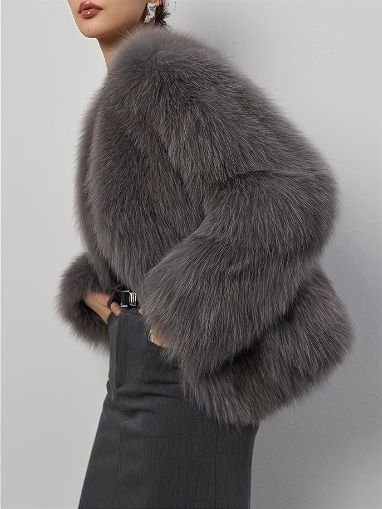 Women's Light Gray Faux Fur Coat with Fluffy Collar for Winter